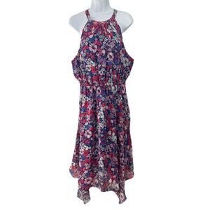 NEW BCBG Paris Women's Halter Dress Sz L Blue Pink Floral Fit N Flare Lined